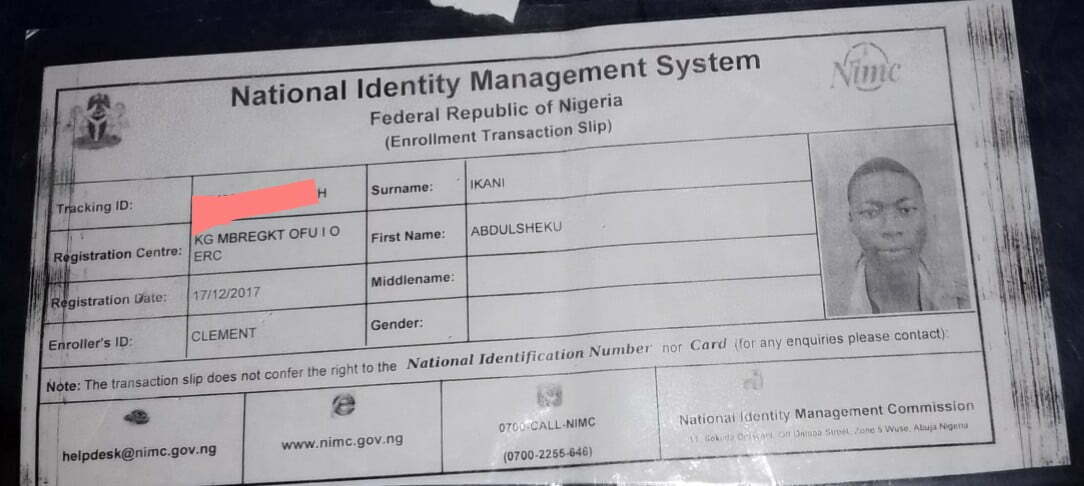 Permanent national ID card slip: this doesn't contain a NIN but tracking id