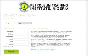 The Registration portal of the post UTME of Petroleum Training Institute for 2020