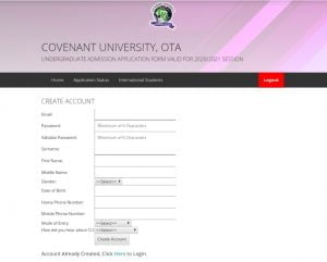 Covenant University post UTME registration form portal for 2020