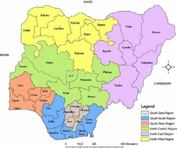 Six geo-political zones in Nigeria on the map