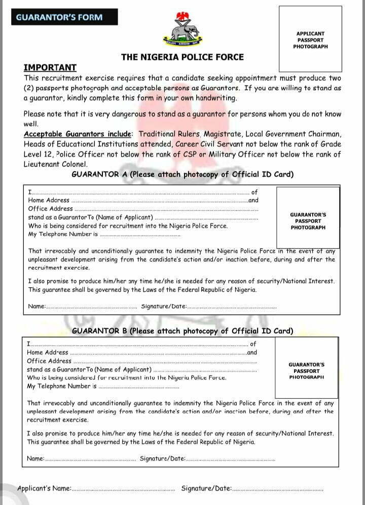 Guarantor form of Nigeria Police Force Job 2020