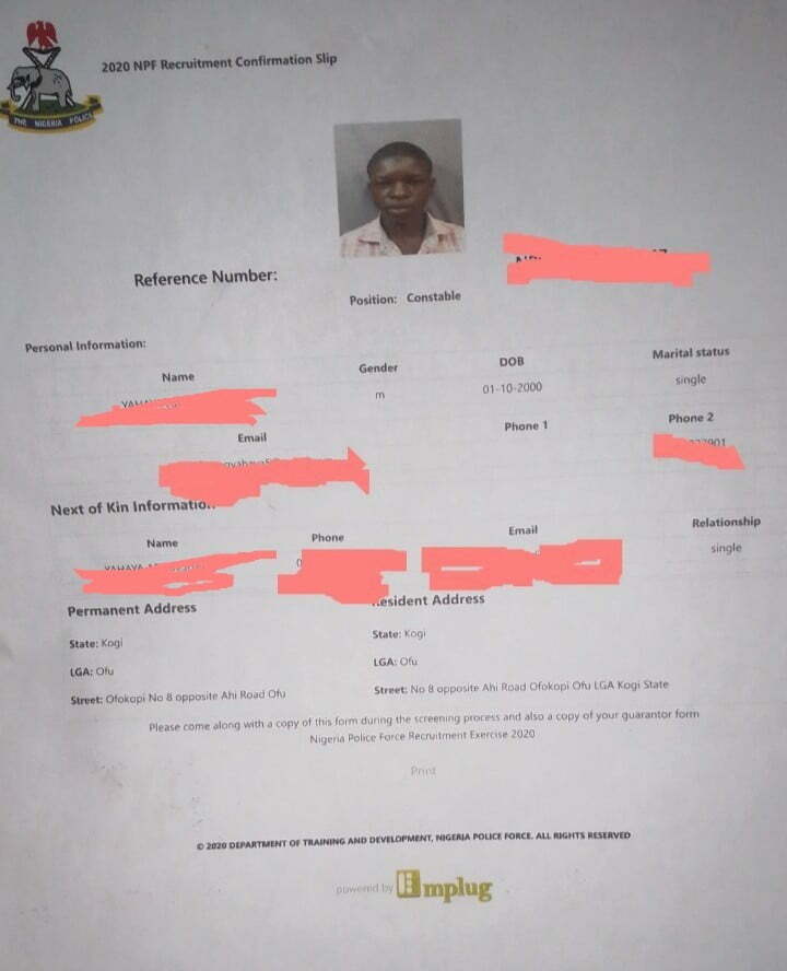 Application confirmation slip of Nigeria Police Force Job 2020