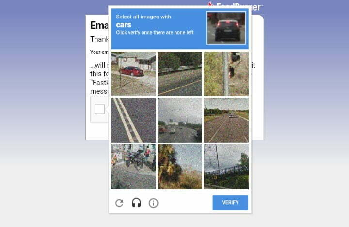 reCAPTCHA challenge of Fastknowers newsletter subscribtion form