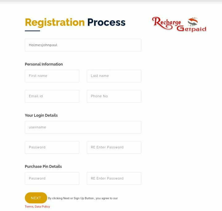 Recharge And Get Paid Account Registration portal