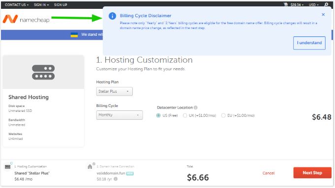 Warning of Namecheap when changing hosting plan