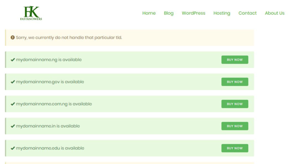 Results of a domain name availability