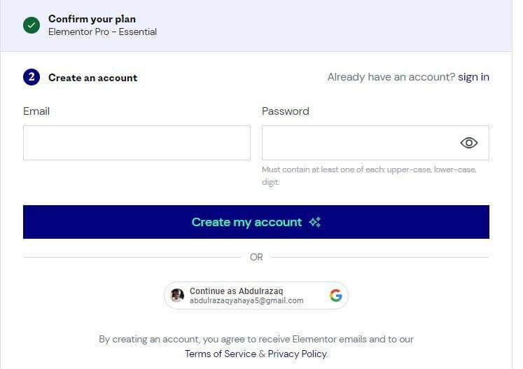 How to create Elementor account