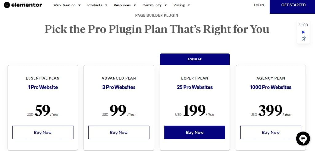 Elementor plans and pricing