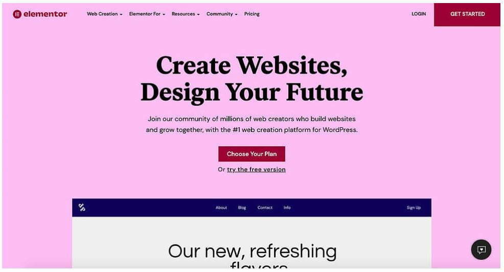 Elementor home page and get started button