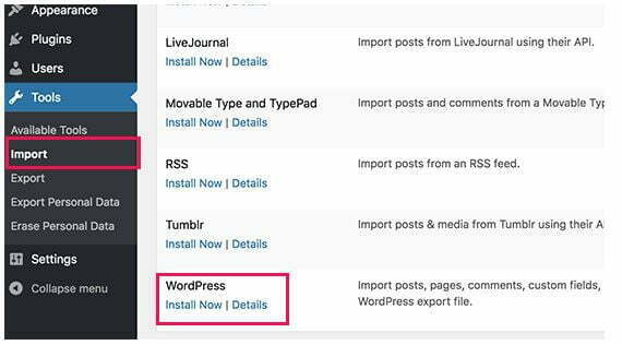 How to import file from wordpress.com to wordpress.org