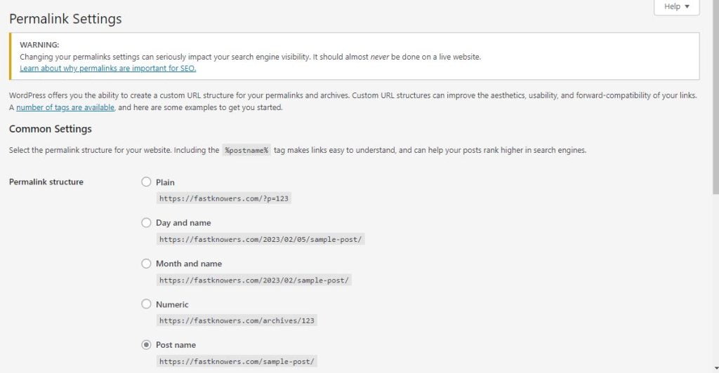How to set permalink structure on WordPress to troubleshoot error