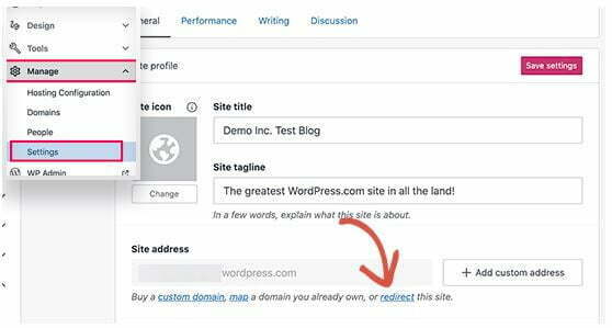 How to redirect a site on wordpress.com