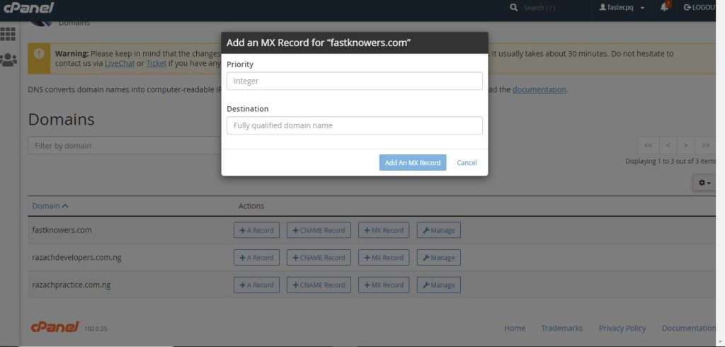 How to add an MX record on a WordPress cPanel