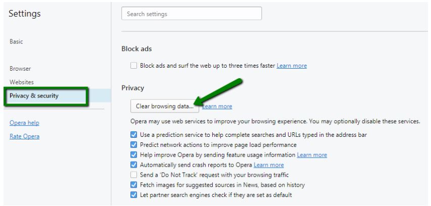 Clearing cache on Opera browser on Windows