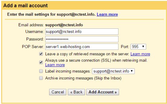 cPanel email configuration on a Gmail account