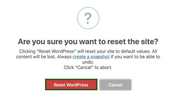 WordPress reset warning on the reset plugin