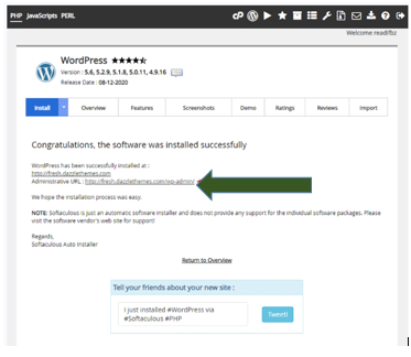 Congratulatory message of a new successful WordPress installation