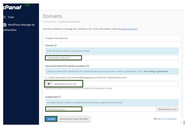 Illustration: Adding an addon domain to web hosting via cPanel