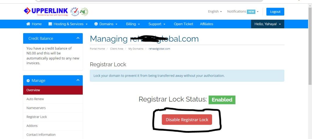 UpprLink Domain Registrar Lock Status