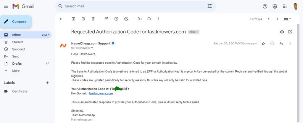 auth code of domain name received from NameCheap