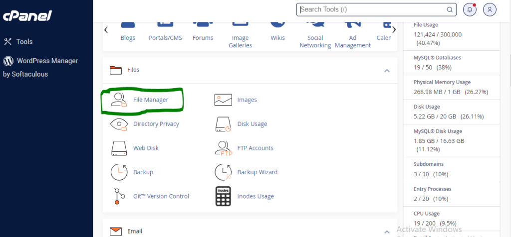 File manager in the cPanel