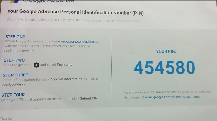 AdSense verification PIN